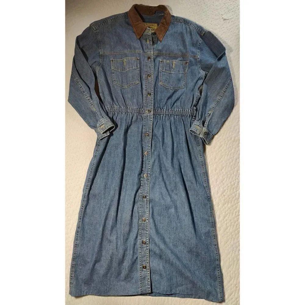 VINTAGE LIZ CLAIBORNE DENIM WESTERN SHIRT DRESS SIZE M MAXI LEATHER COLLAR